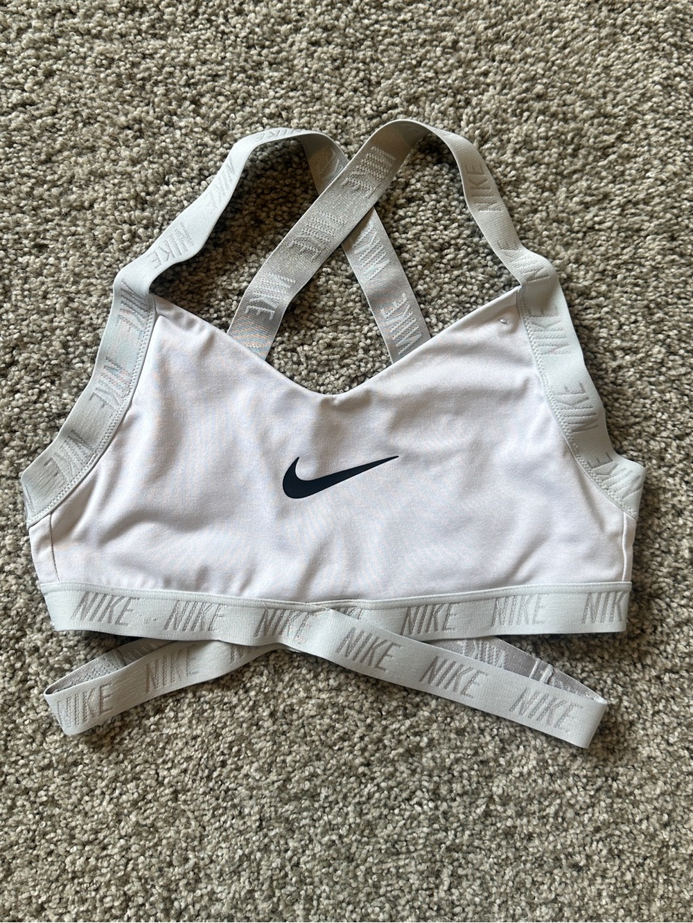 Nike Strappy White Sports Bra with Black Swoosh and Light Gray Straps
